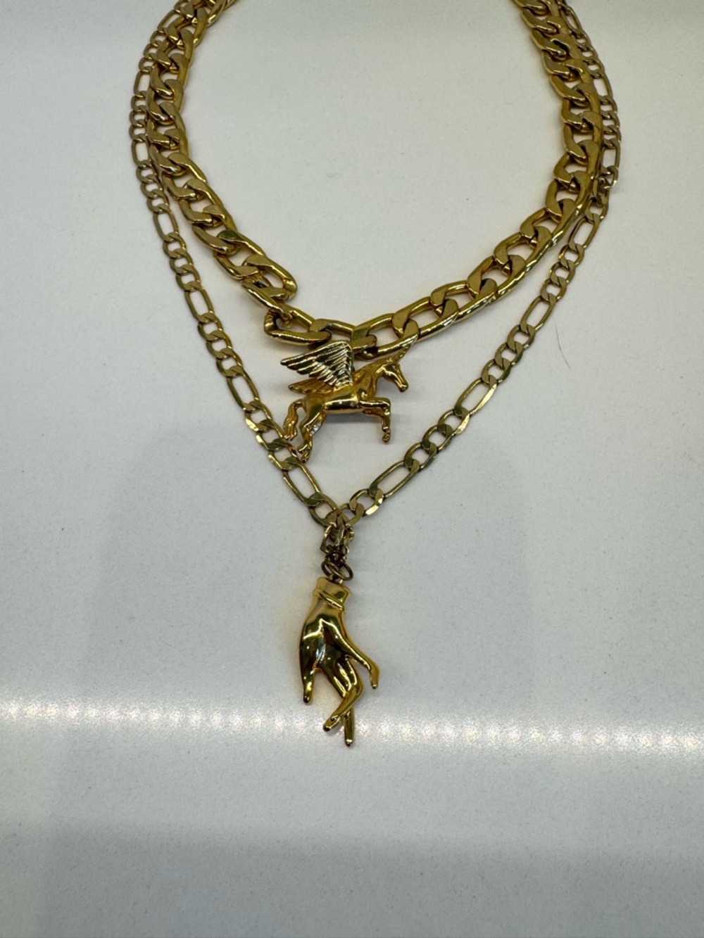 Dylan Lex inspired Gold Tone Layered Pendant Necklace w/Pegasus and Hand Charms - Picture 3 of 5